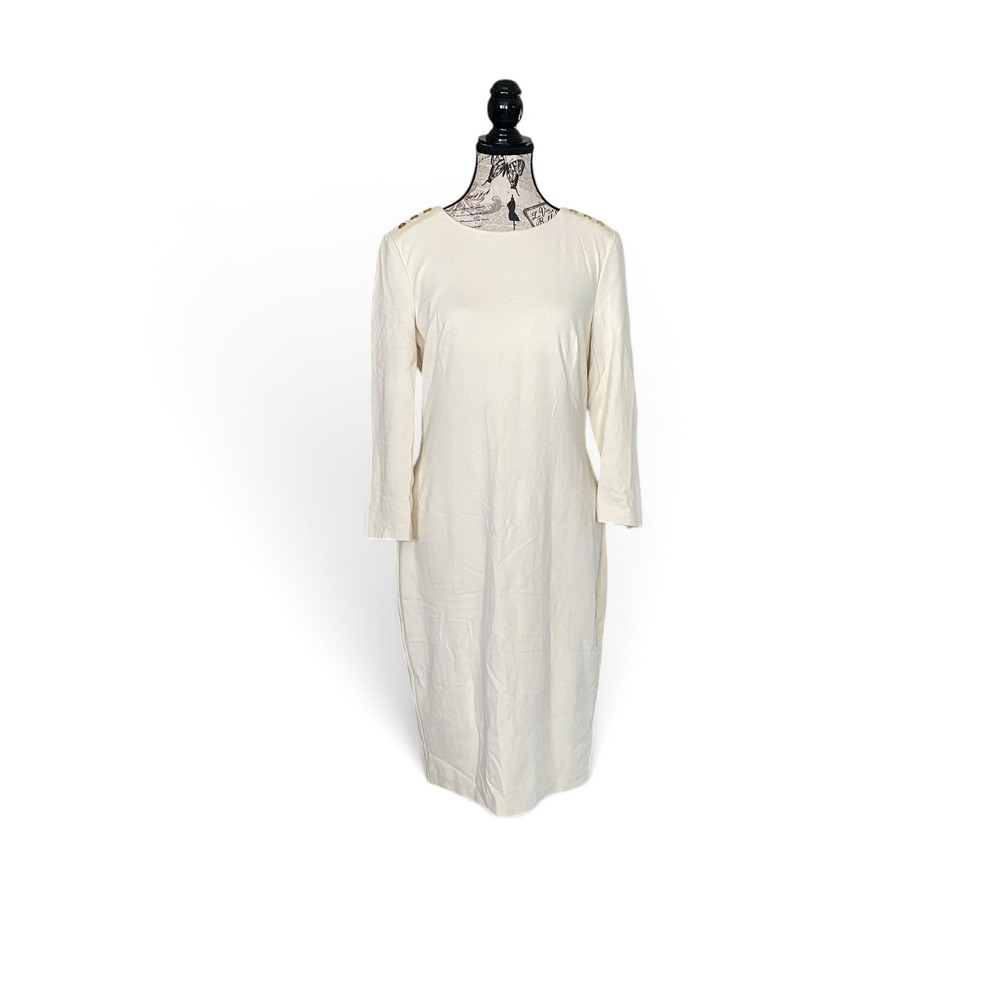 Lauren Ralph Lauren Sheath Dress Womens 6 Cream Gold Button Shoulder Midi NEW